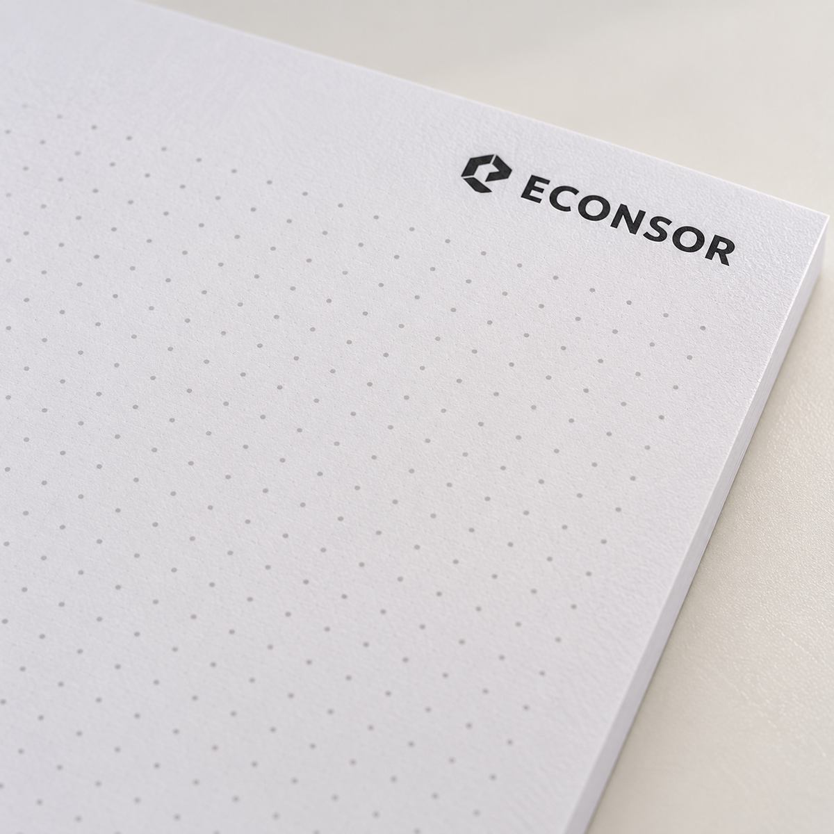 ECONSOR Notizblock – Detailansicht Logo und Punktraster